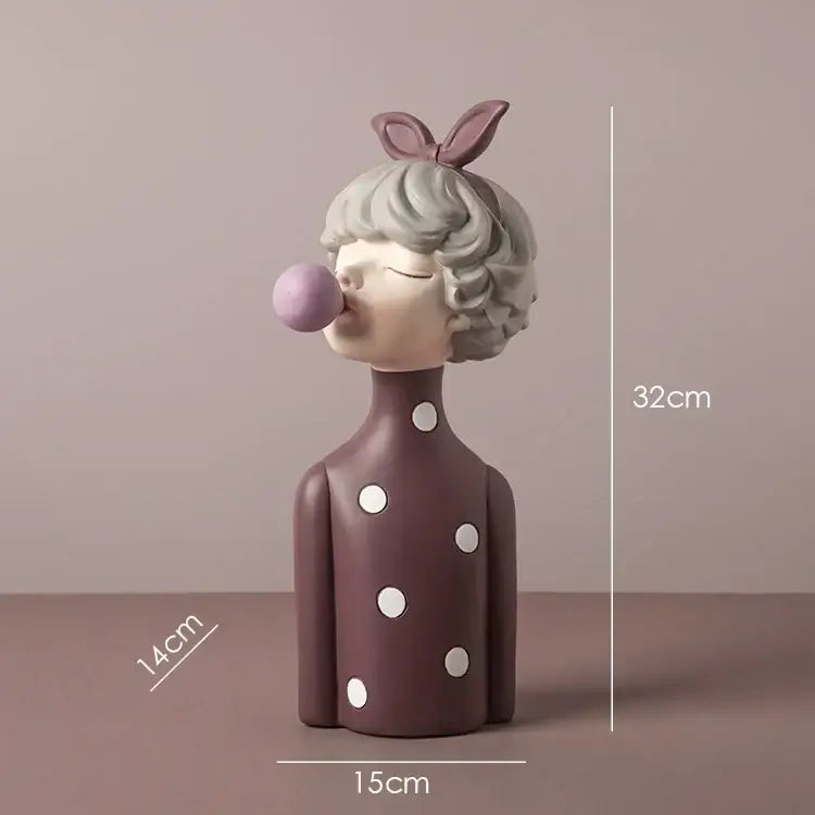 A matte purple bowknot girl resin figurine with white polka dots and gray hair on a gold tray for bedroom decorbites decor