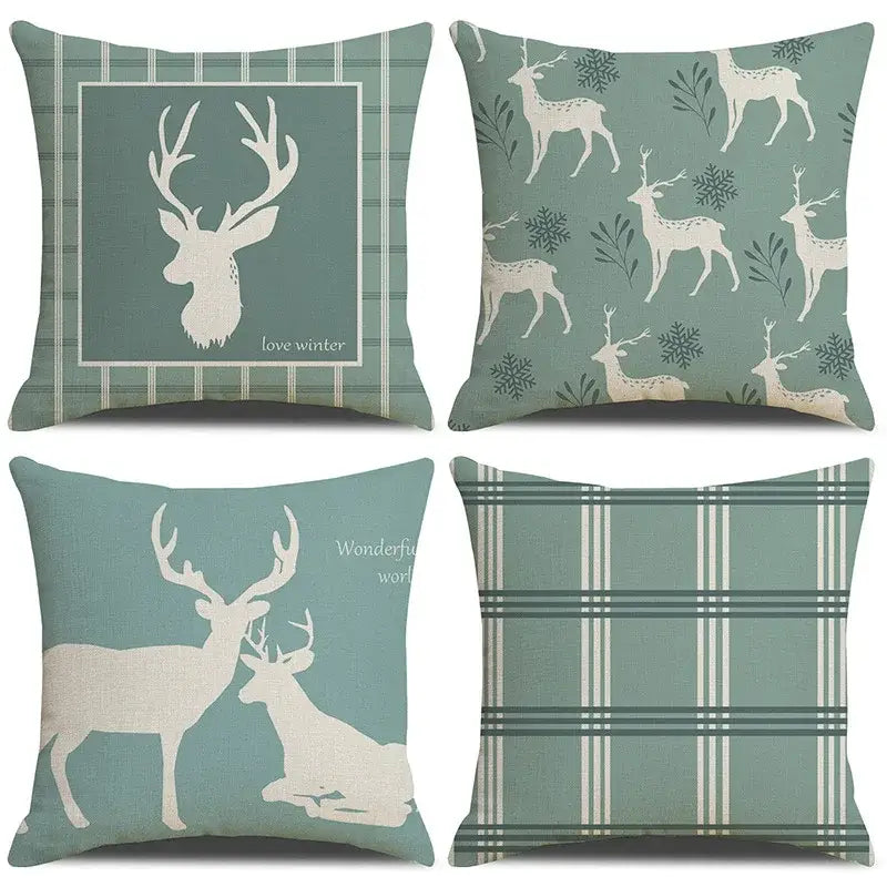 Set of four teal and white deer grid line pillowcases with plaid patterns for living room decorbites deer grid decor