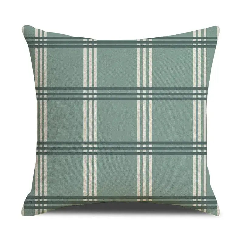A square throw pillow with a soft sage green base and cream and dark teal deer grid line plaid pattern decorbites grid line pillowcase cover