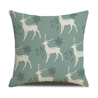 Teal and white deer grid line pillowcase set featuring a square cushion with white deer and dark green snowflakes decorbites deer grid