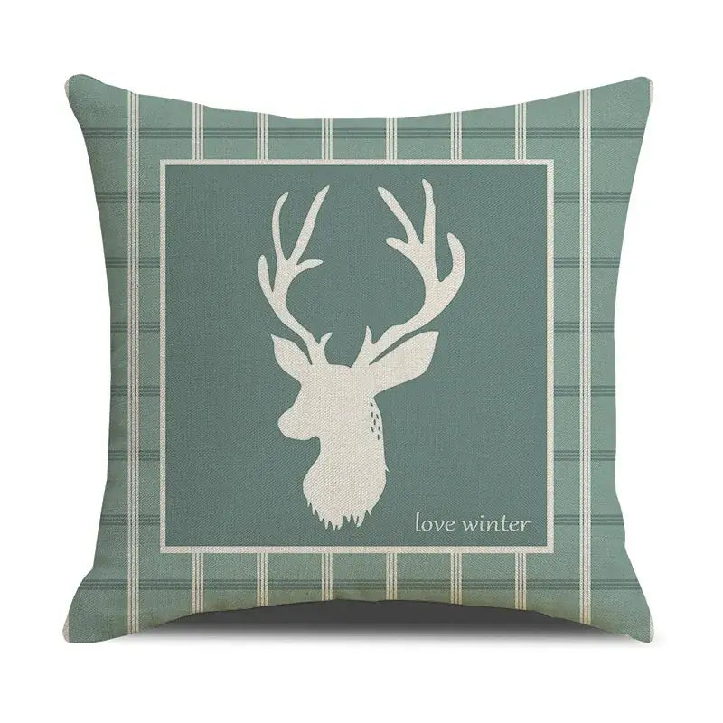 Teal plaid throw pillow with white deer silhouette and love winter phrase in deer grid line pillowcase decorbites set