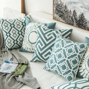 Teal and white embroidered geometric floral cushion cover with pattern for living room throw pillows
