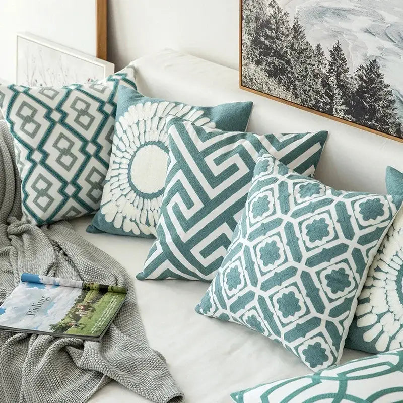 Teal and white embroidered geometric floral cushion cover with pattern for living room throw pillows