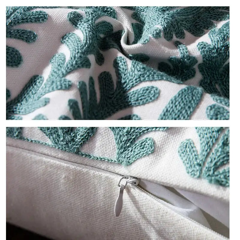 White cushion cover with teal embroidered leaf patterns for decorbites blue geometric living room decor