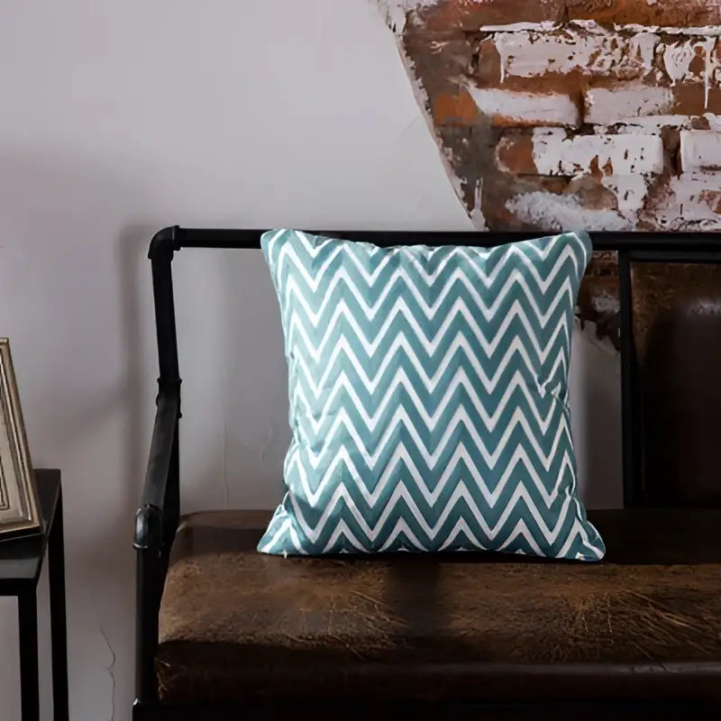 Teal and white geometric embroidered cushion cover with zigzag pattern for living room decorbites blue geometric style