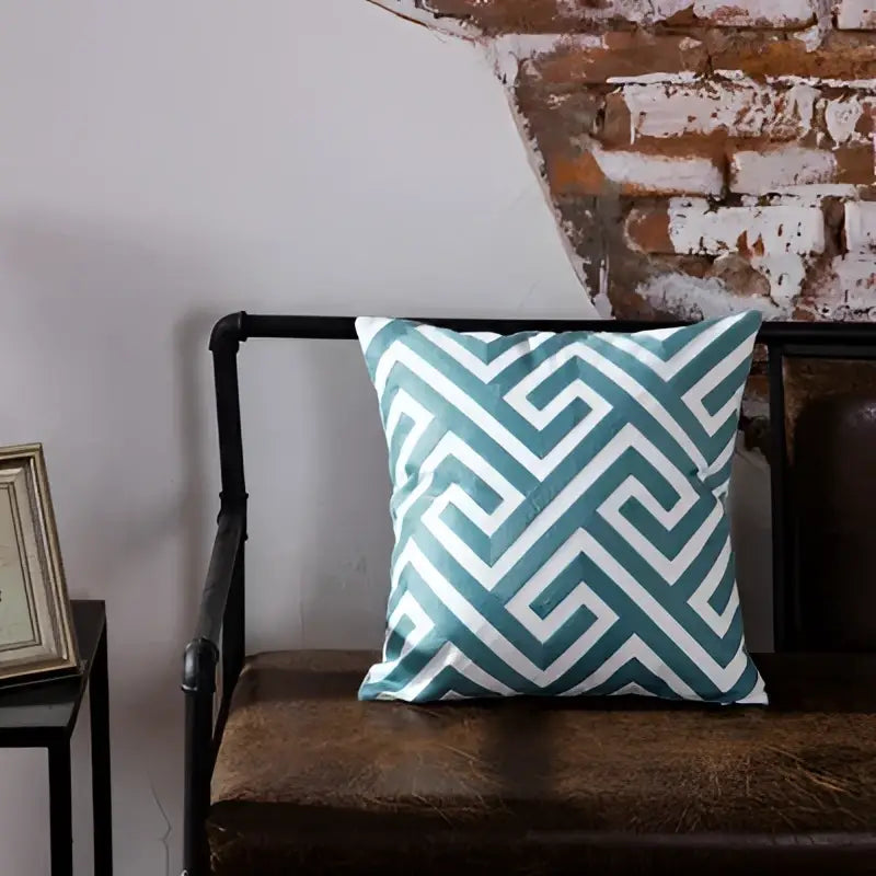 Teal and white blue geometric embroidered cushion cover for living room decor with decorbites blue geometric design