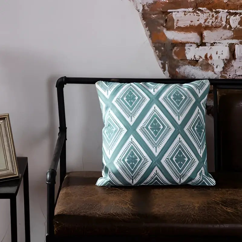 Square teal and white cushion cover with blue geometric embroidered diamond motifs for living room decorbites decor