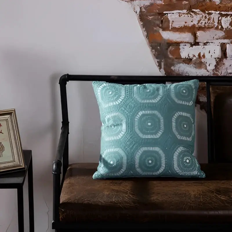 Teal and white cushion cover with blue geometric embroidered concentric circles for living room decorbites decor