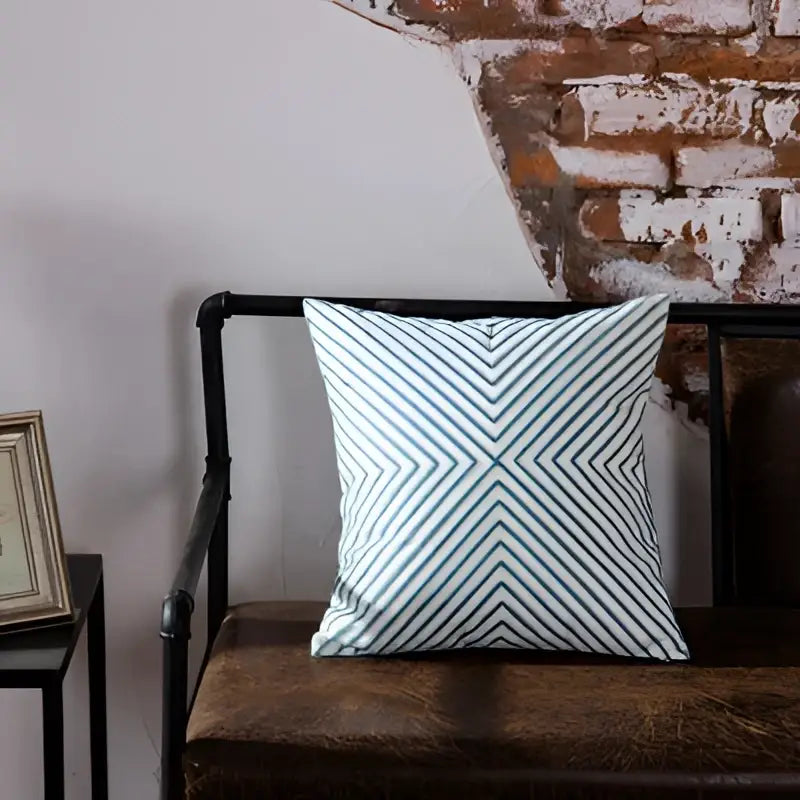 Square cushion cover with teal and white blue geometric embroidered zigzag pattern and soft fabric texture for living room decorbites