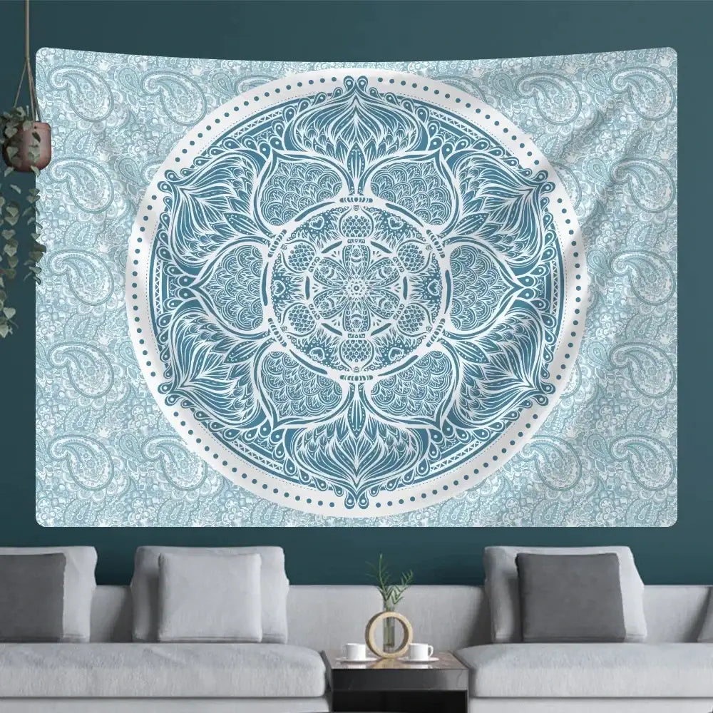 Teal and white indian mandala psychedelic tapestry with intricate paisley patterns hanging on a dark green wall decorbites indian mandala