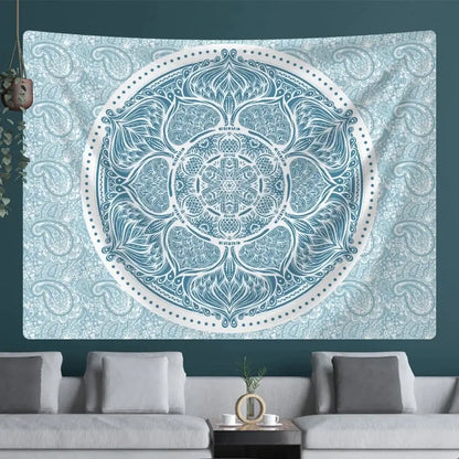 Teal and white indian mandala psychedelic tapestry with intricate paisley patterns hanging on a dark green wall decorbites indian mandala