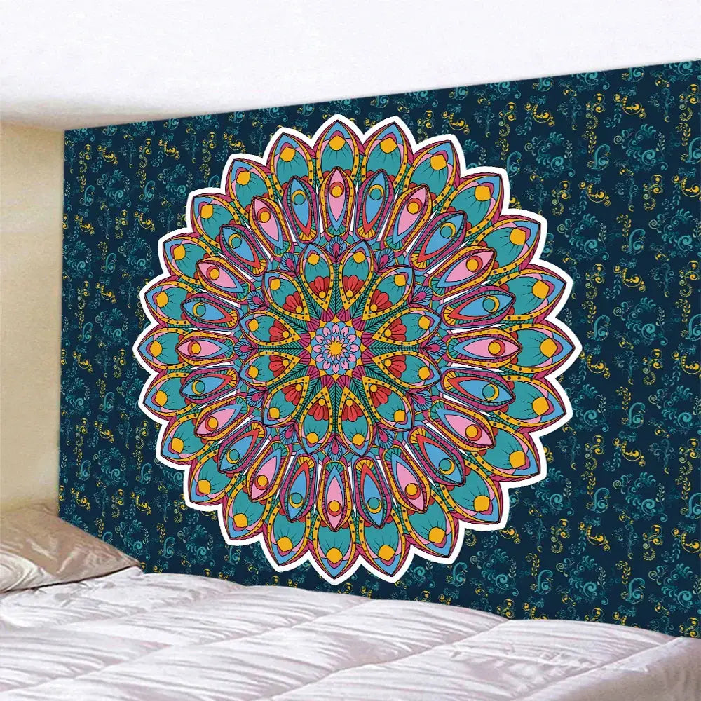 Teal and white indian mandala psychedelic tapestry with vibrant peacock feather patterns and white border decorbites indian mandala