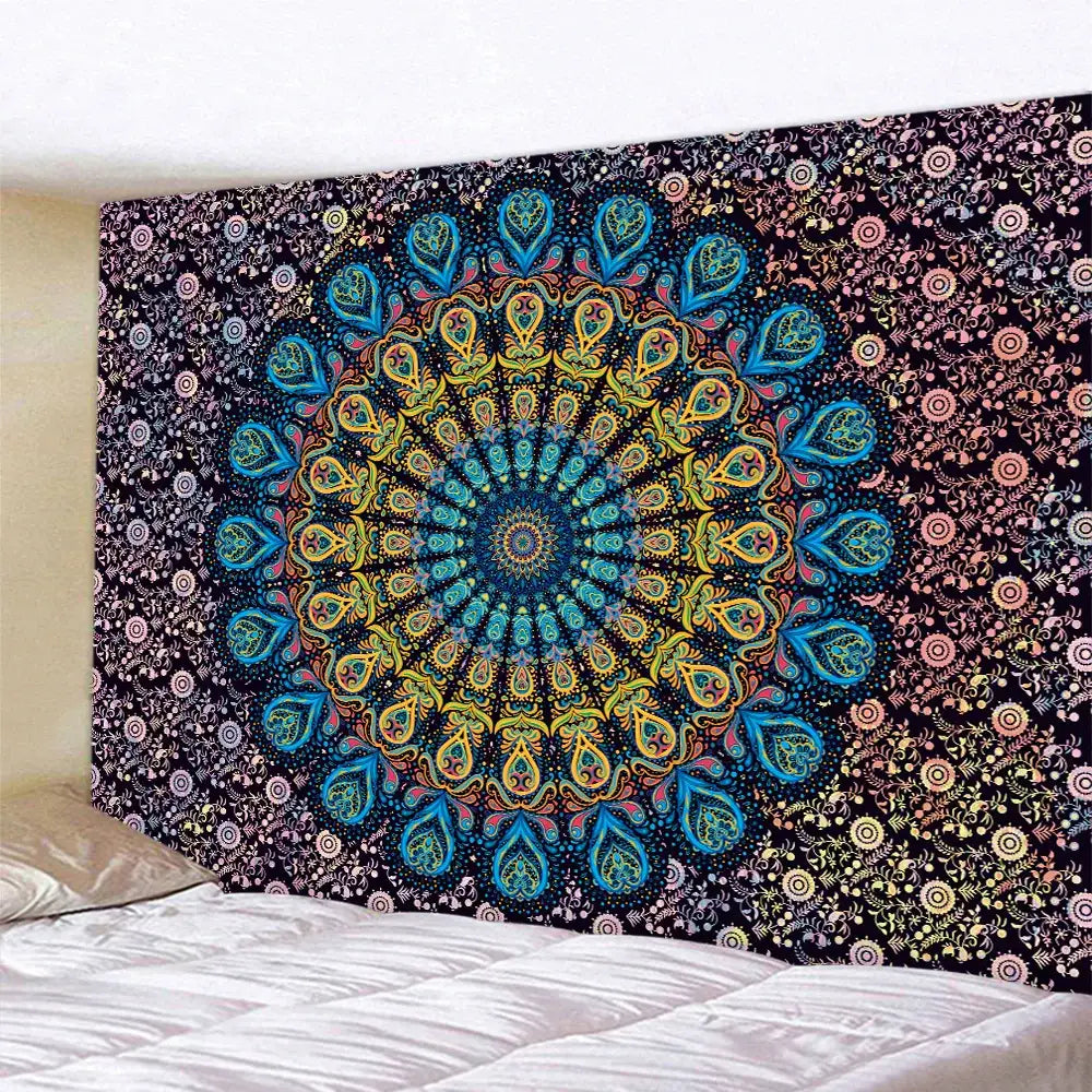 Vibrant teal and white indian mandala psychedelic tapestry with intricate paisley floral patterns for bedroom decorbites decor
