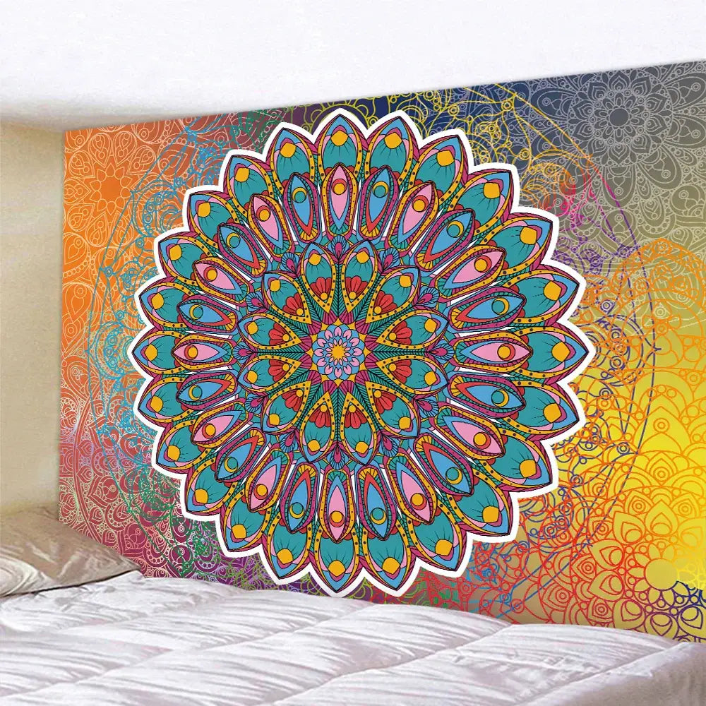 Vibrant teal and white indian mandala psychedelic tapestry with intricate peacock feather patterns for bedroom decorbites decor