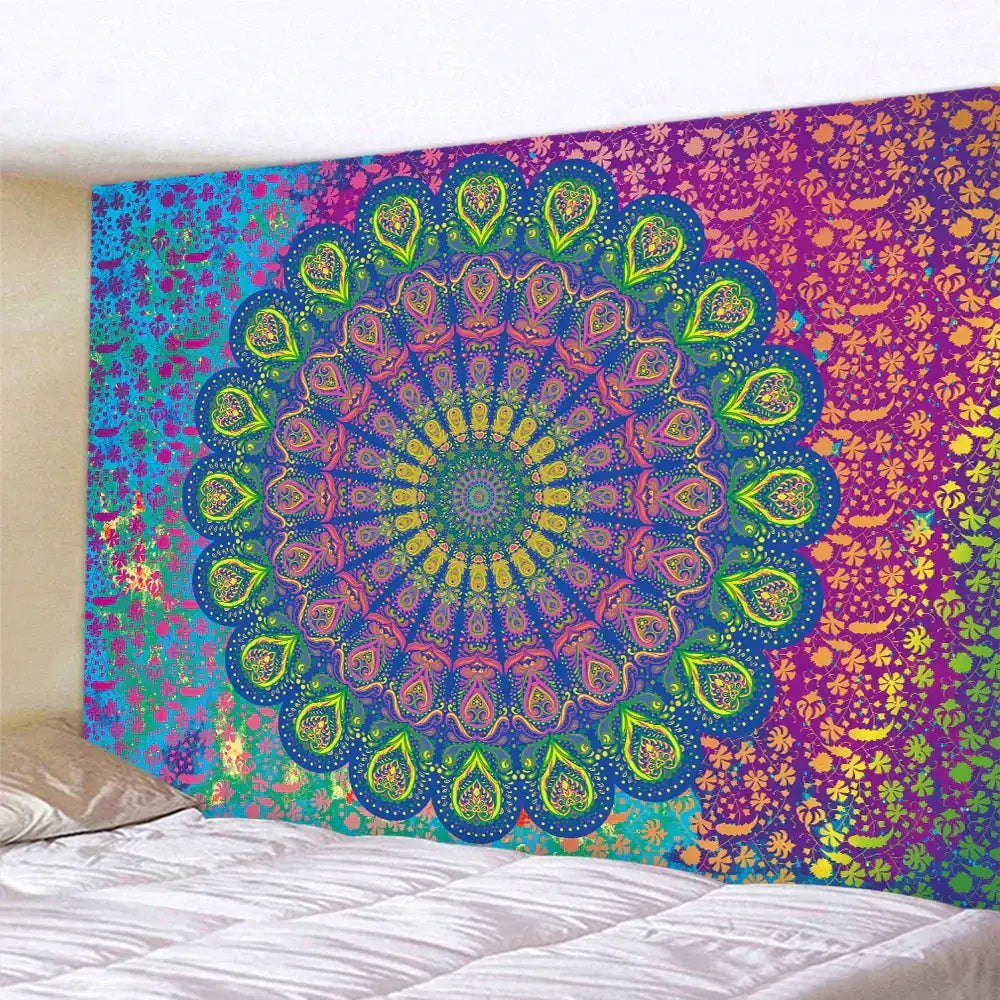 Vibrant teal and white indian mandala psychedelic tapestry with intricate blue purple green and yellow patterns for bedroom decorbites indian mandala