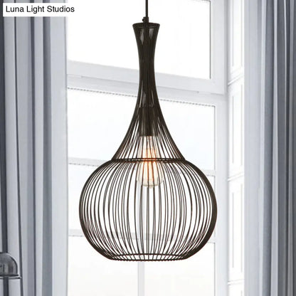 Teardrop Cage Pendant Light: Industrial Black Iron Ceiling Lighting for Living Room