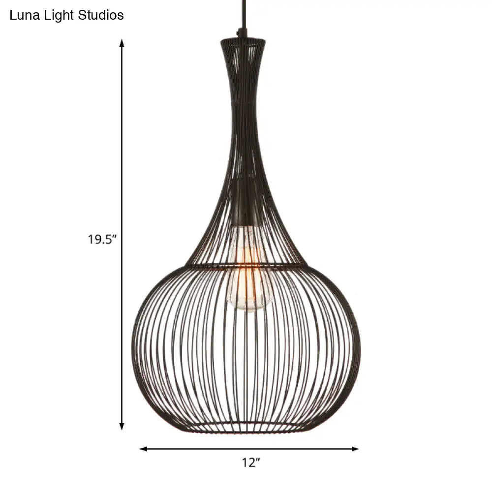 Teardrop Cage Pendant Light: Industrial Black Iron Ceiling Lighting for Living Room