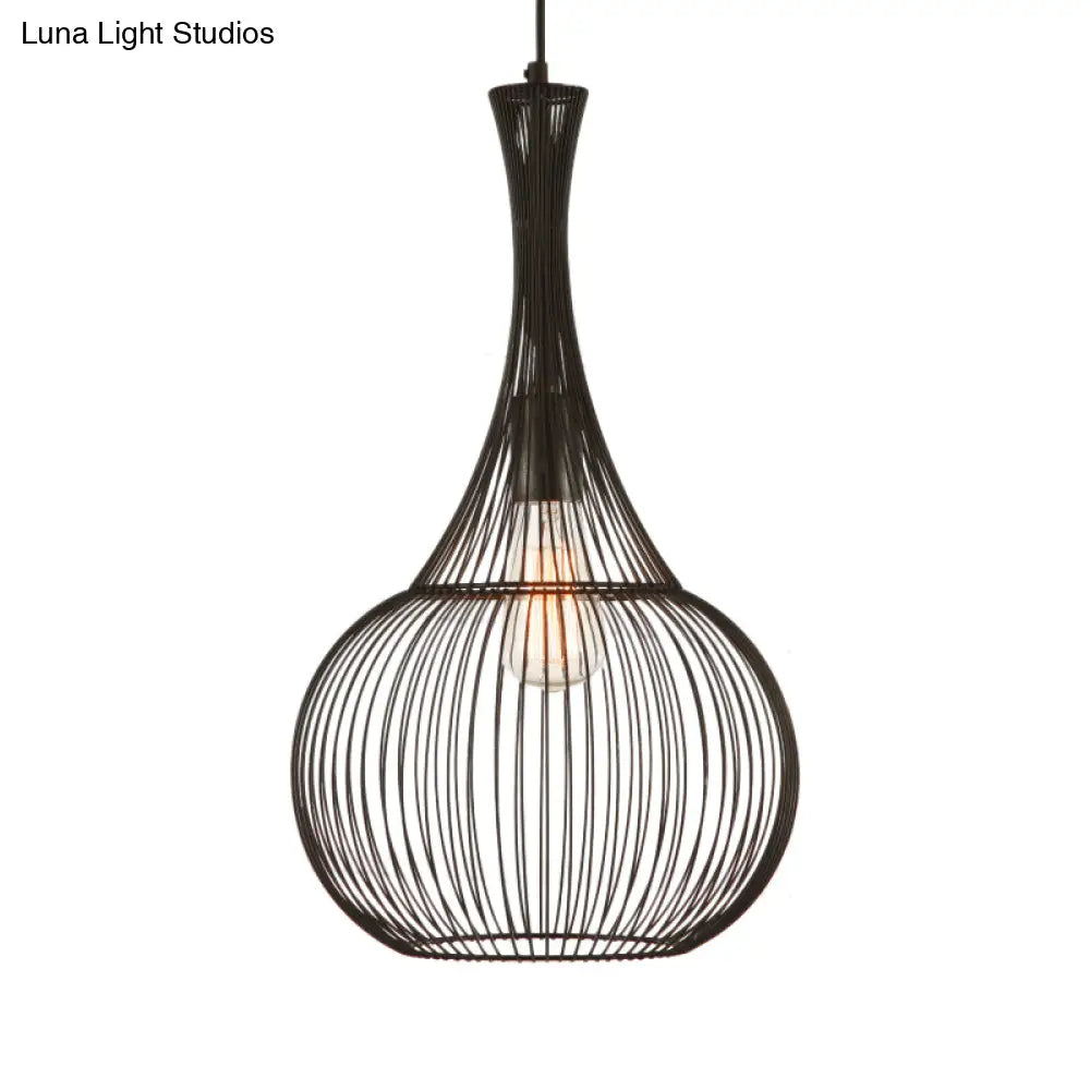 Teardrop Cage Pendant Light: Industrial Black Iron Ceiling Lighting for Living Room