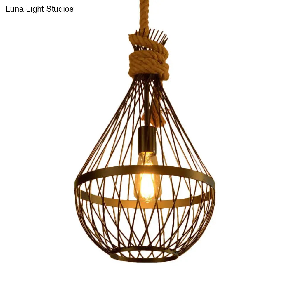 Teardrop Suspension Light: Metal Wire Frame Hanging Lamp in Black with 39" Rope - Country Style