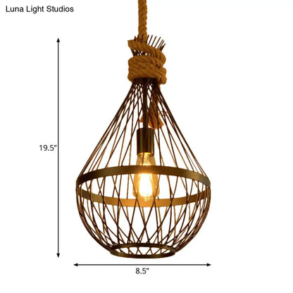 Teardrop Suspension Light: Metal Wire Frame Hanging Lamp in Black with 39" Rope - Country Style