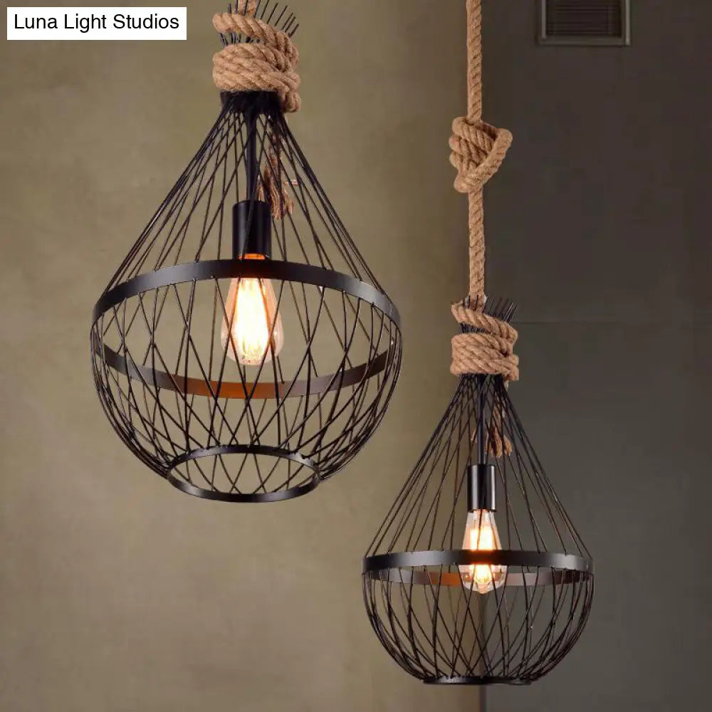 Teardrop Suspension Light: Metal Wire Frame Hanging Lamp in Black with 39" Rope - Country Style