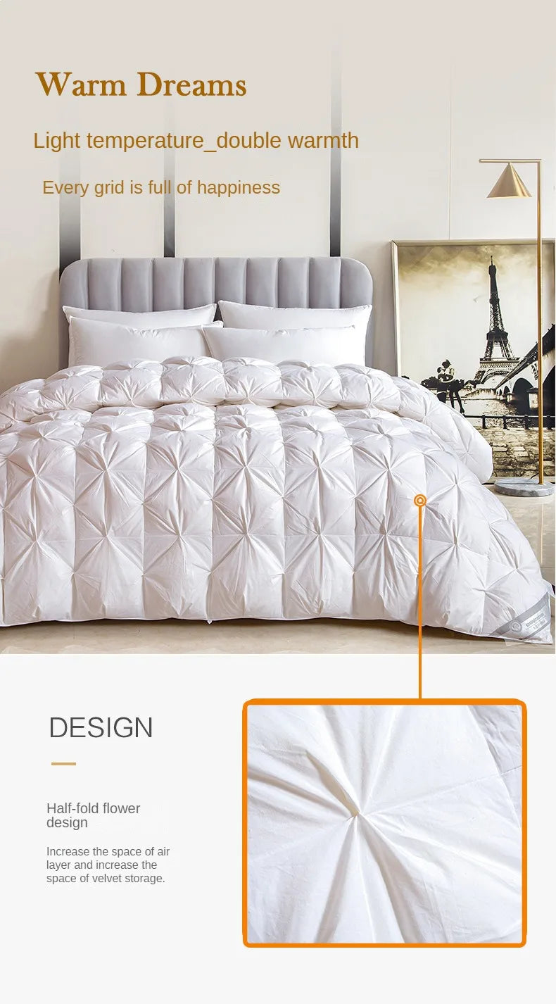 White goose down quilt with temperature control featuring a white quilted comforter and half-fold flower design