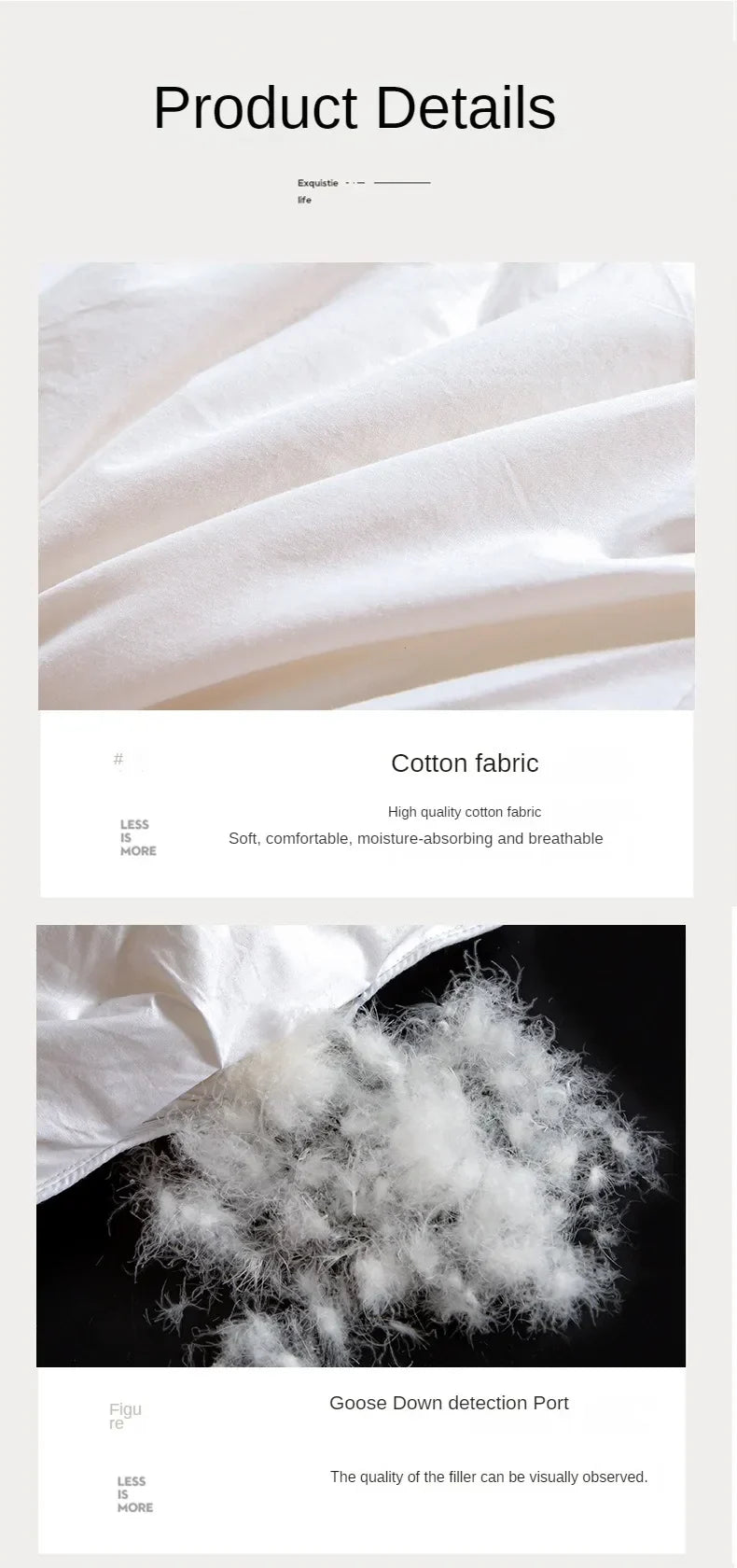 White cotton fabric of temperature controlled down quilt with soft texture and high-quality white goose down filling