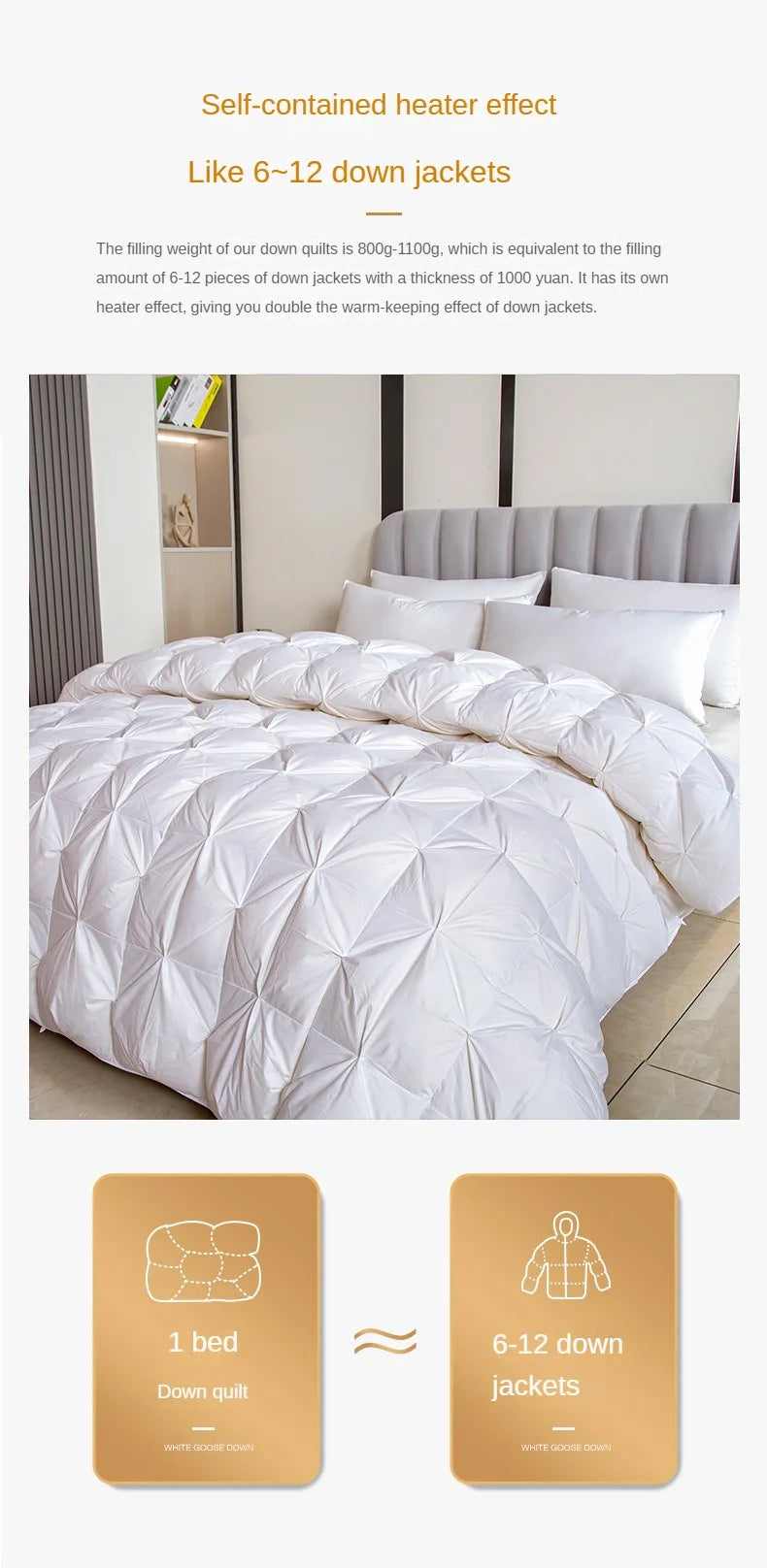 White goose down quilt with diamond quilted design and thickened core for warmth and single person use
