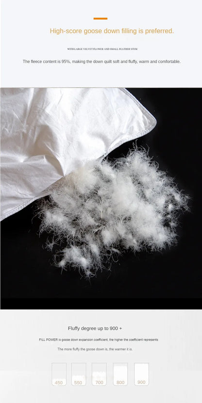 Temperature controlled single person white goose down quilt with 95 percent fleece filling for warmth and comfort