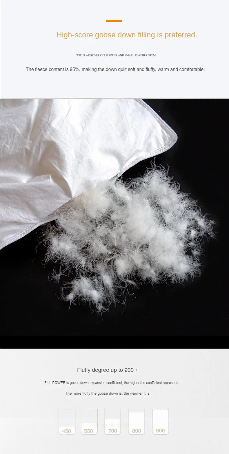 Temperature controlled single person white goose down quilt with 95 percent fleece filling for warmth and comfort