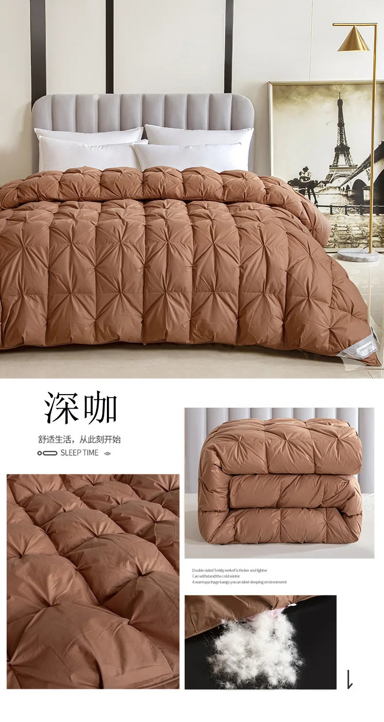 A rust-colored temperature controlled down quilt with diamond stitching and white goose down filling for single use