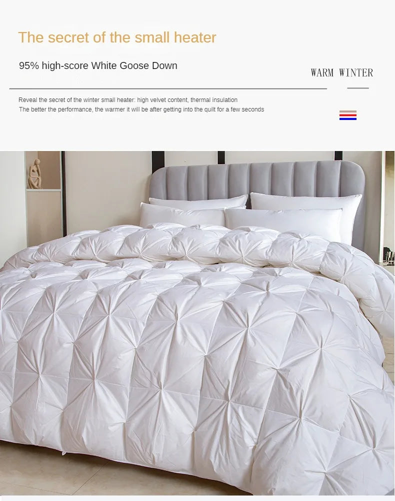 White goose down quilt with diamond quilted pattern and thickened core for single person warmth and comfort