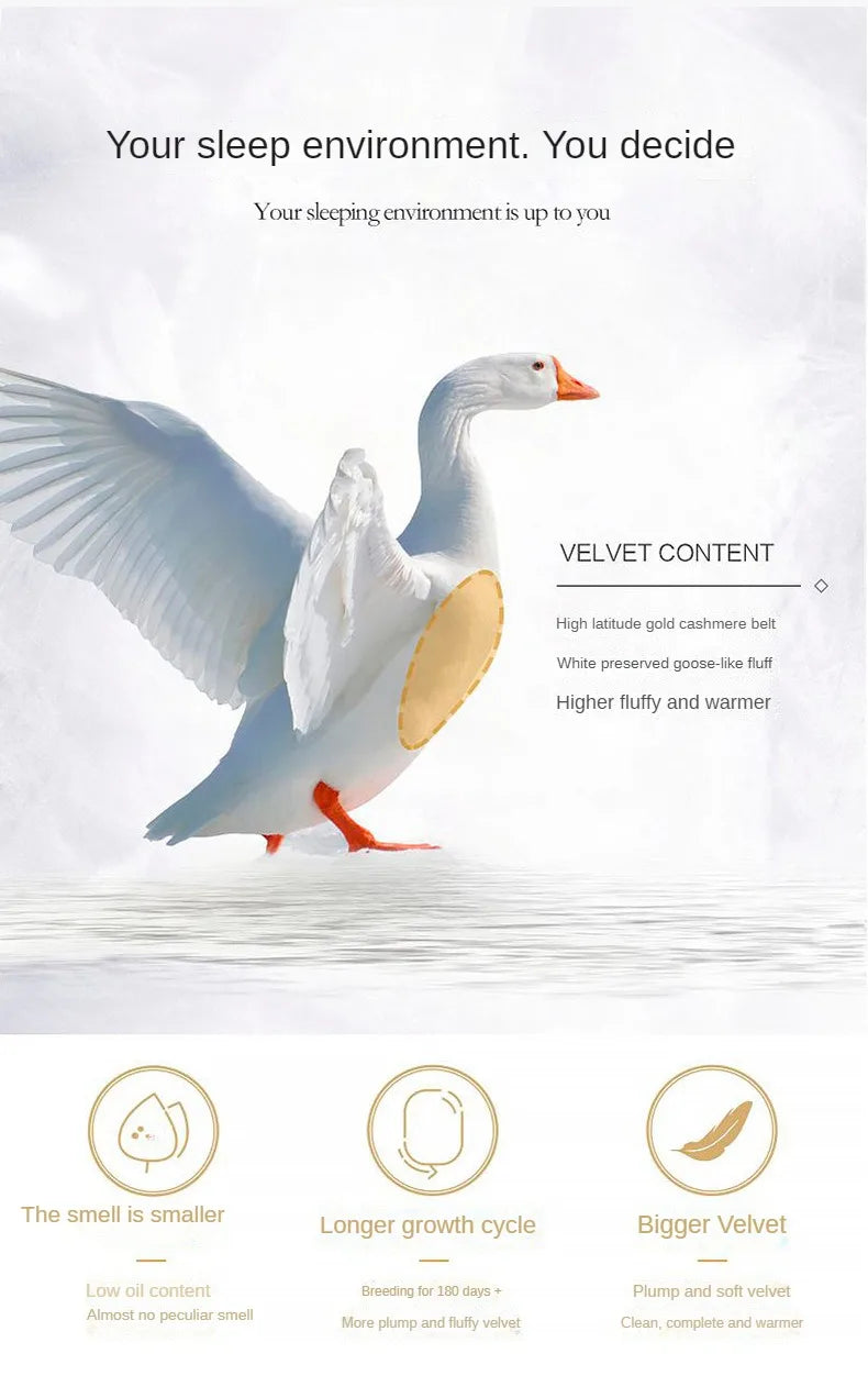 White goose down quilt with plush white preserved goose-like fluff and golden-brown wing accents for warmth and comfort
