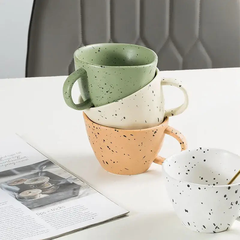 Stacked decorbites creative ceramic espresso cup set with speckled finishes in sage green cream peach and white