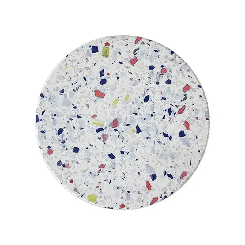 Circular terrazzo decorbites diatomite coaster with white base and colorful red blue green yellow fragments for mugs