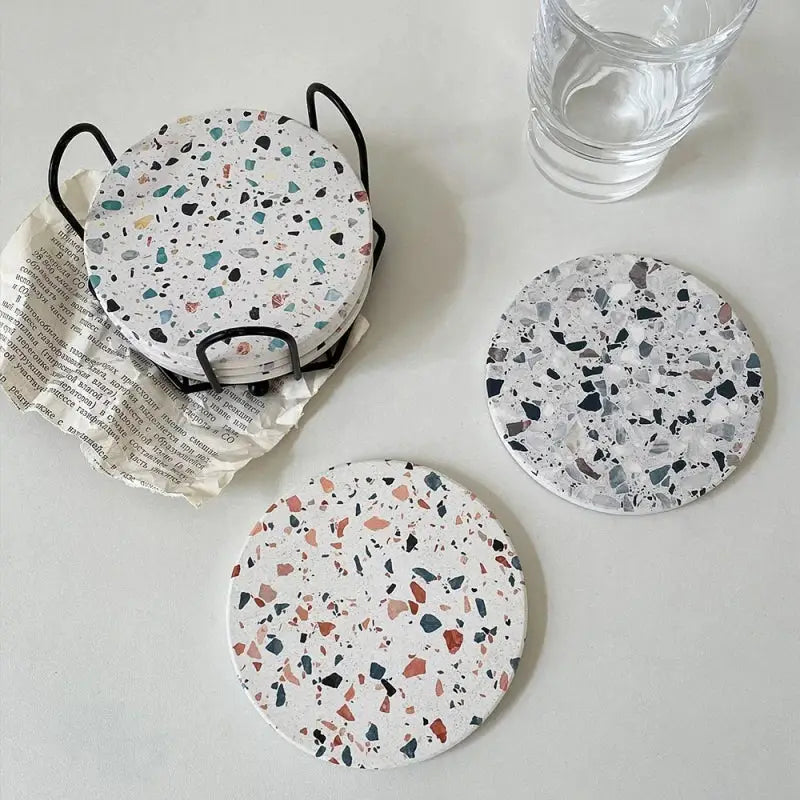 Terrazzo decorbites diatomite coasters set of 4 white circular mugs mats with teal black and terracotta speckles