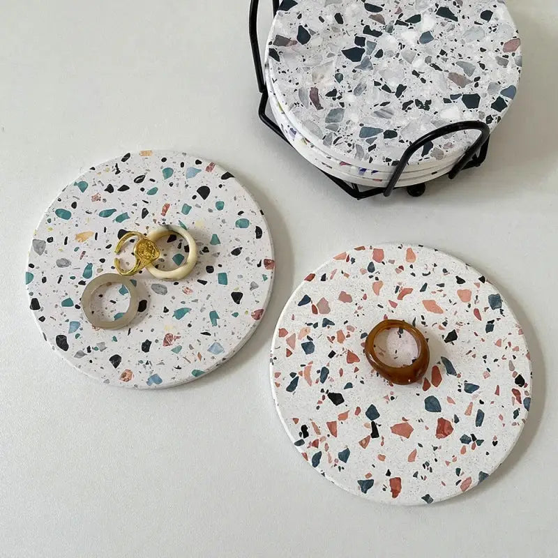Terrazzo decorbites diatomite coasters set of 4 with speckled white black gray teal and terracotta fragments for dining use