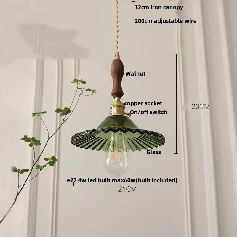 Green glass pendant light with walnut-finished iron canopy and copper socket for decorbites amber glass pendant decor