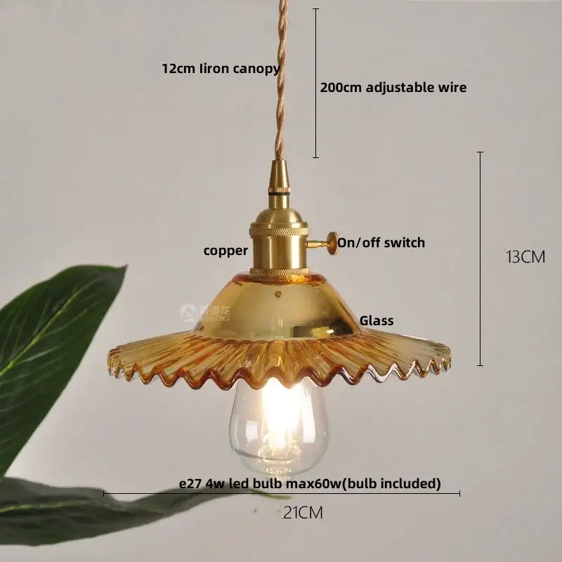 Vintage style amber glass pendant light with brass copper canopy scalloped edges and clear bulb for kitchen decorbites amber glass