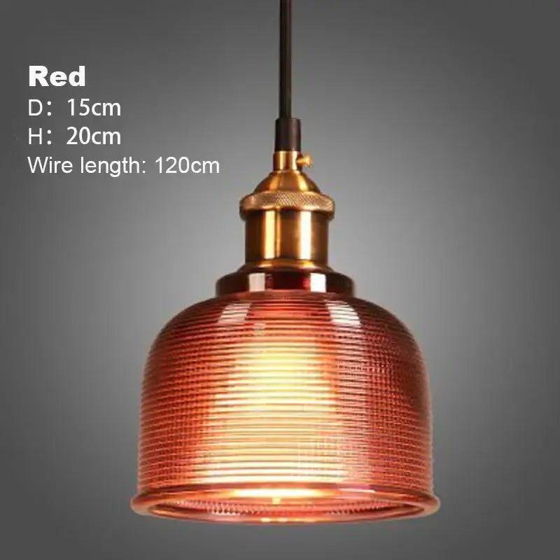 Red textured ribbed glass pendant light with brass-finished metal fixture from amber gold and teal glass pendant lights set