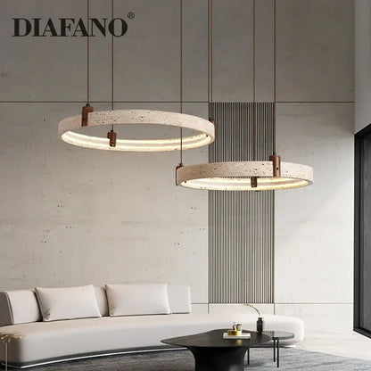Modern textured beige decorbites cave stone chandelier pendant light with concrete finish and warm LED glow for living room