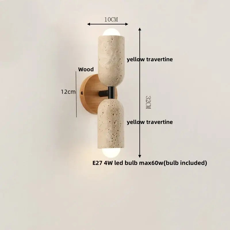 Yellow travertine wall light with wooden backplate and black metal accents for decorbites led wall bedroom sconce