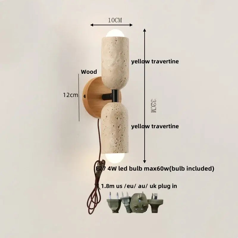 Yellow travertine wall light with wood backplate and black metal accents decorbites led wall light for bedroom decor