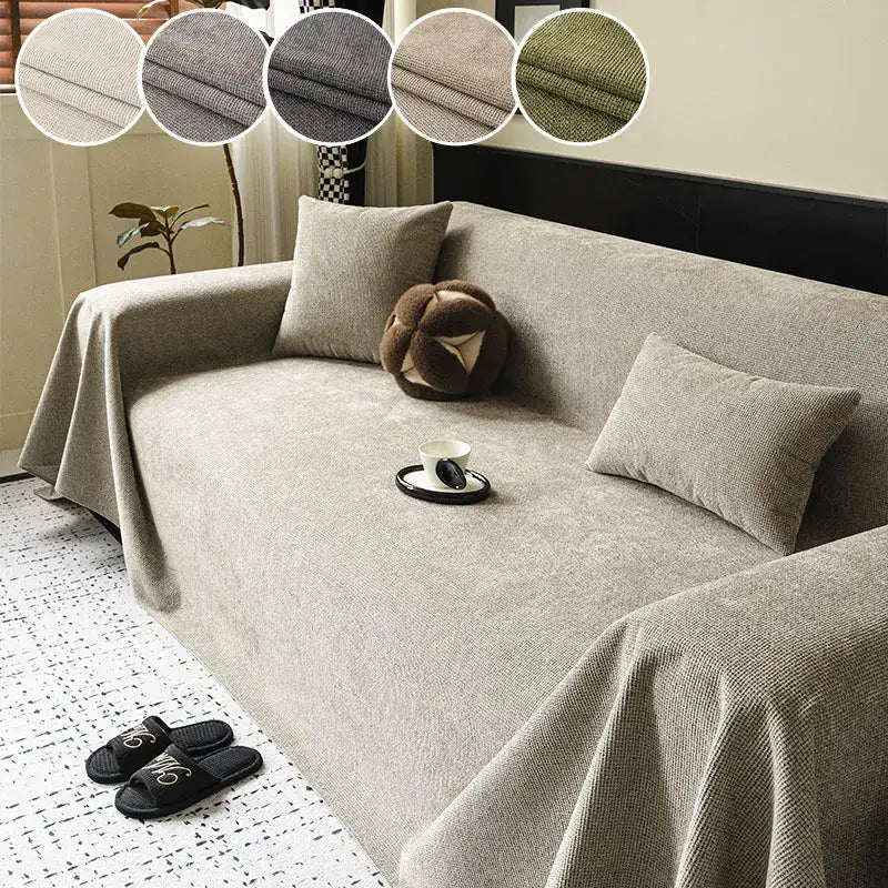 Beige textured sofa cover with anti-slip backing and matching pillows including a circular cushion for living room use