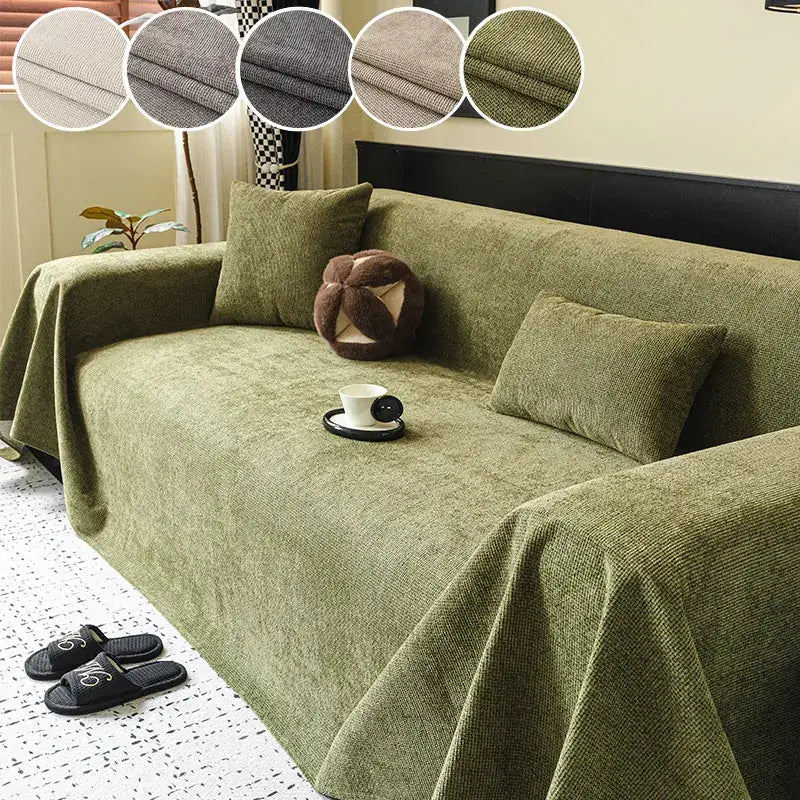 Olive green textured fabric sofa cover with matching pillows featuring anti slip backing for living room use