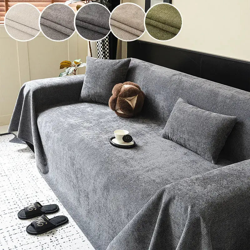 Gray textured fabric sofa cover with matching pillows featuring anti-slip backing for living room use