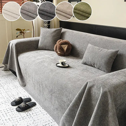 Gray textured fabric sofa cover with anti-slip backing and matching pillows featuring a plush bear decoration