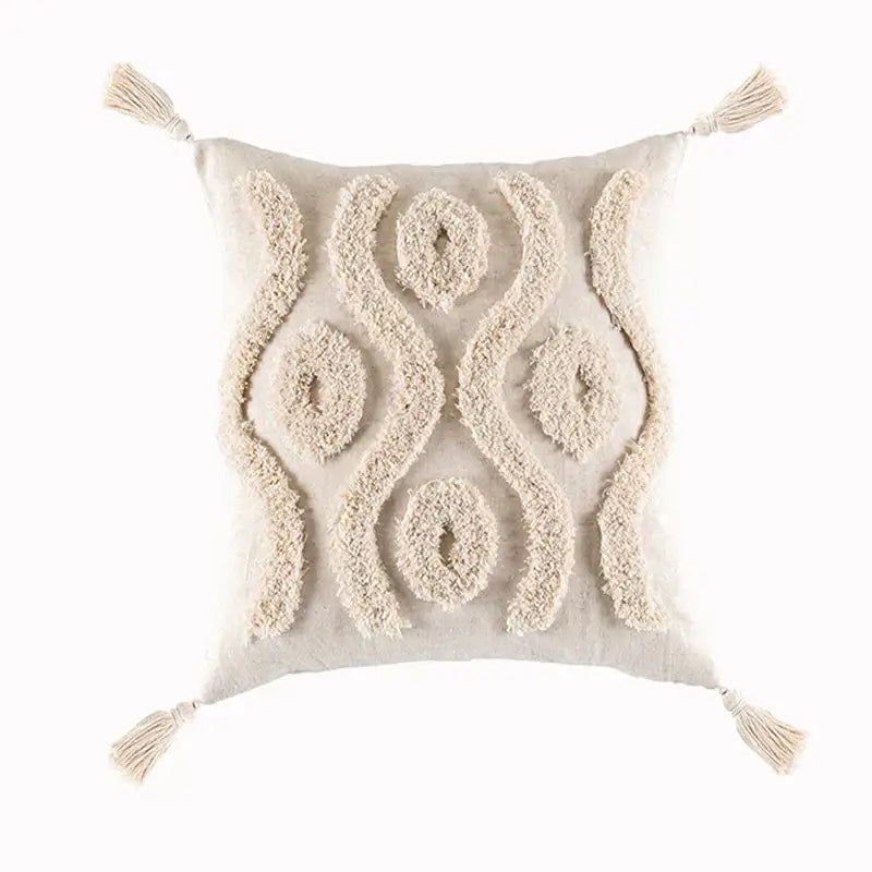 Cream-colored textured beige tassels cushion cover with woven geometric patterns and tassels for living room decorbites decor