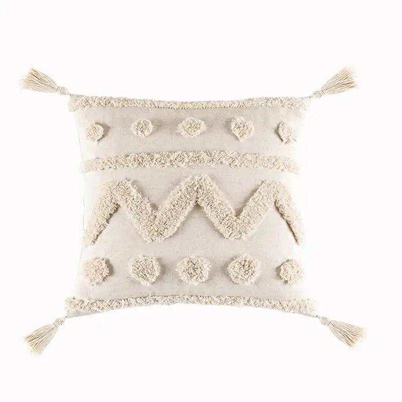 Beige tassels cushion cover with textured woven zigzag and pom-pom patterns finished with tassels for living room decorbites decor