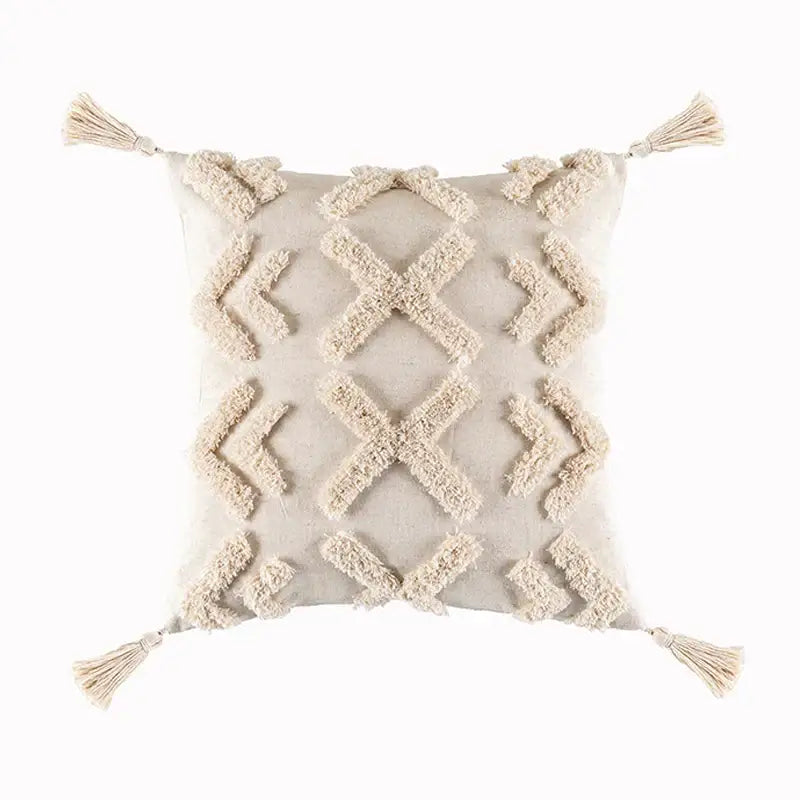 Beige tassels cushion cover with textured geometric pattern and tassels at each corner for living room decorbites decor